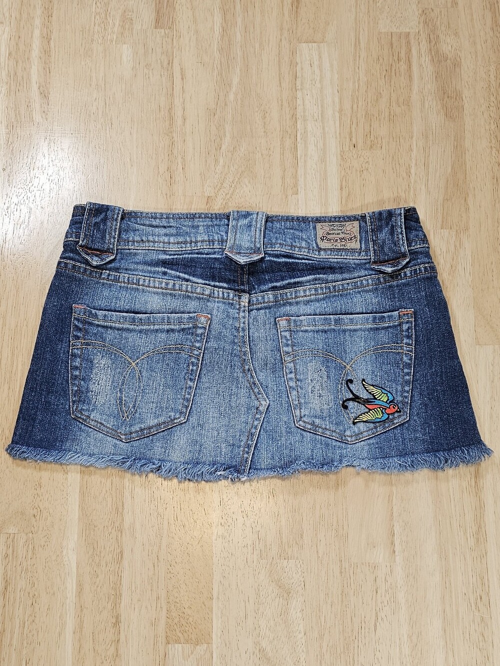 Paris Blues Denim Mini Skirt Colorful Bird Decal